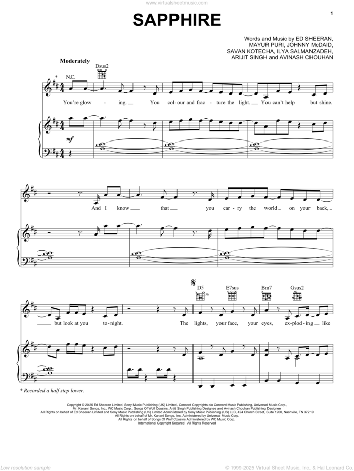 Sapphire sheet music for voice, piano or guitar by Ed Sheeran, Ed Sheeran with Shah Rukh Khan & Arijit Singh, Arijit Singh, Avinash Chouhan, Ilya Salmanzadeh, Johnny McDaid, Mayur Puri and Savan Kotecha, intermediate skill level