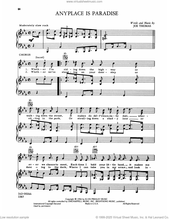 Any Place Is Paradise sheet music for voice, piano or guitar by Elvis Presley and Joe Thomas, intermediate skill level