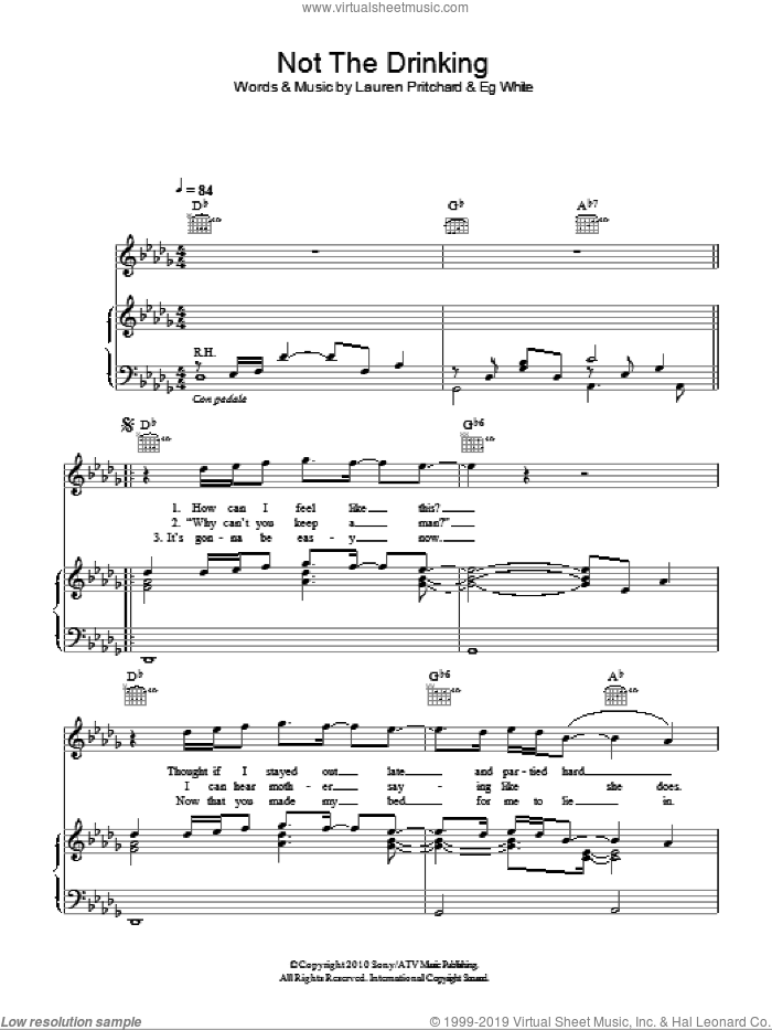 Not The Drinking sheet music for voice, piano or guitar by Lauren Pritchard and Eg White, intermediate skill level