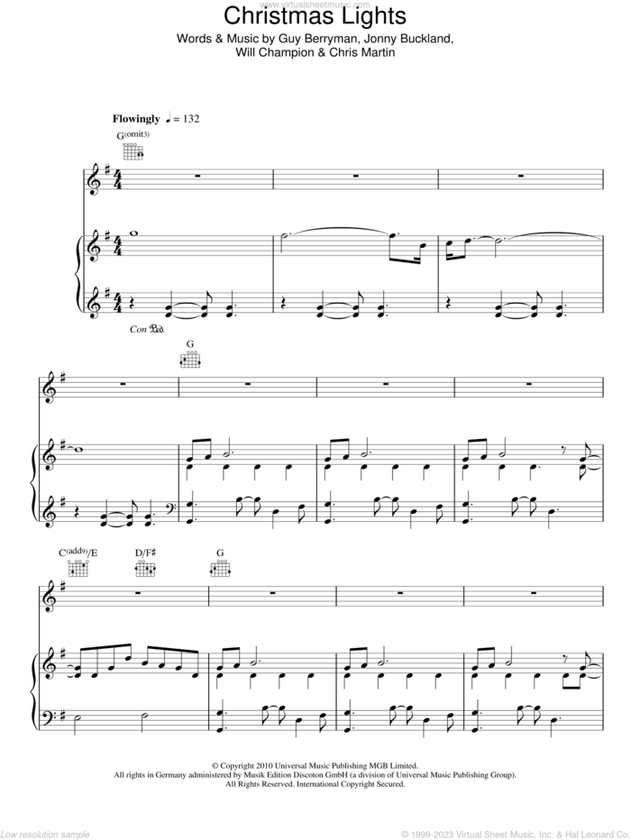 Christmas Lights sheet music for voice, piano or guitar by Coldplay, Chris Martin, Guy Berryman, Jonny Buckland and Will Champion, intermediate skill level