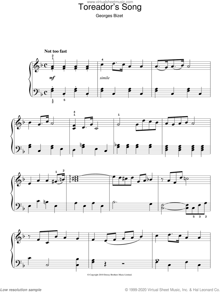 Toreador's Song (from Carmen) sheet music for piano solo by Georges Bizet, classical score, easy skill level
