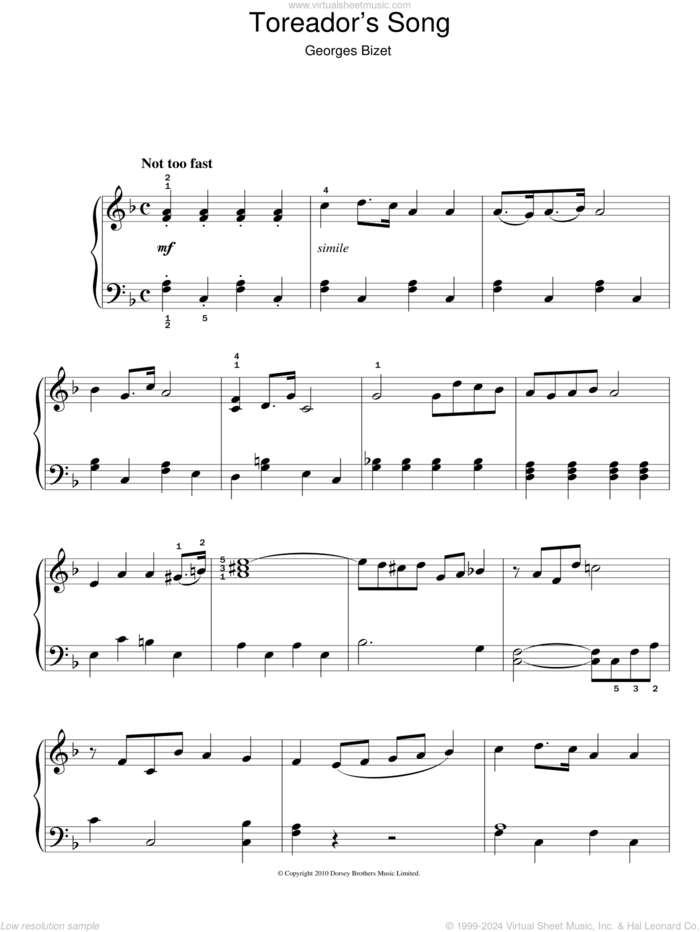 Toreador's Song (from Carmen) sheet music for piano solo by Georges Bizet, classical score, easy skill level