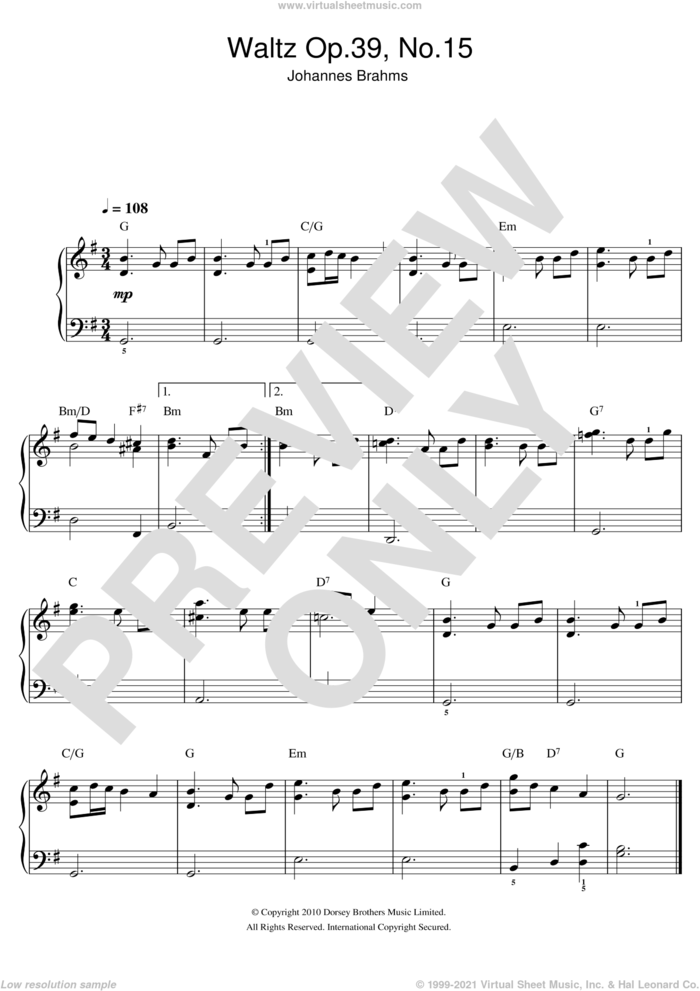 Waltz Op. 39, No. 15 sheet music for piano solo by Johannes Brahms, classical score, easy skill level