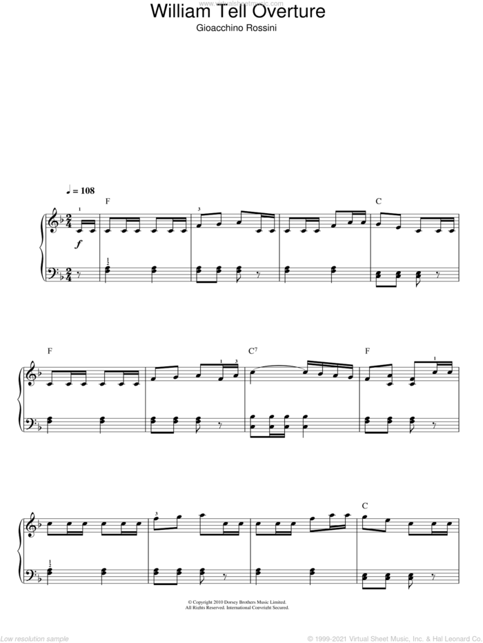 William Tell Overture (Finale) sheet music for piano solo by Gioacchino Rossini, classical score, easy skill level