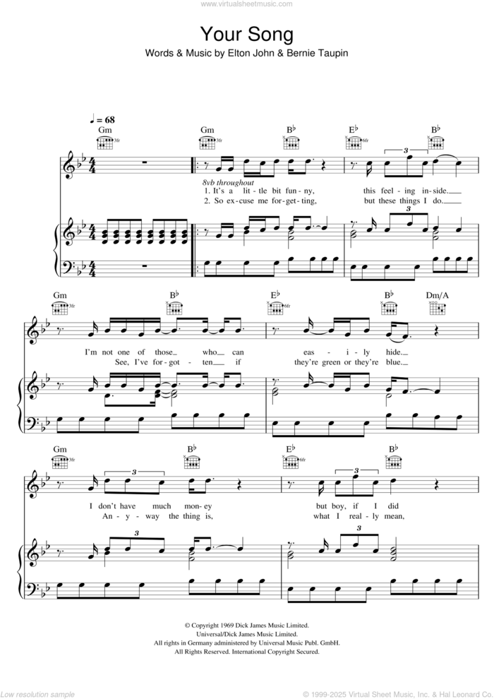 Your Song sheet music for voice, piano or guitar by Ellie Goulding, Elton John and Bernie Taupin, intermediate skill level