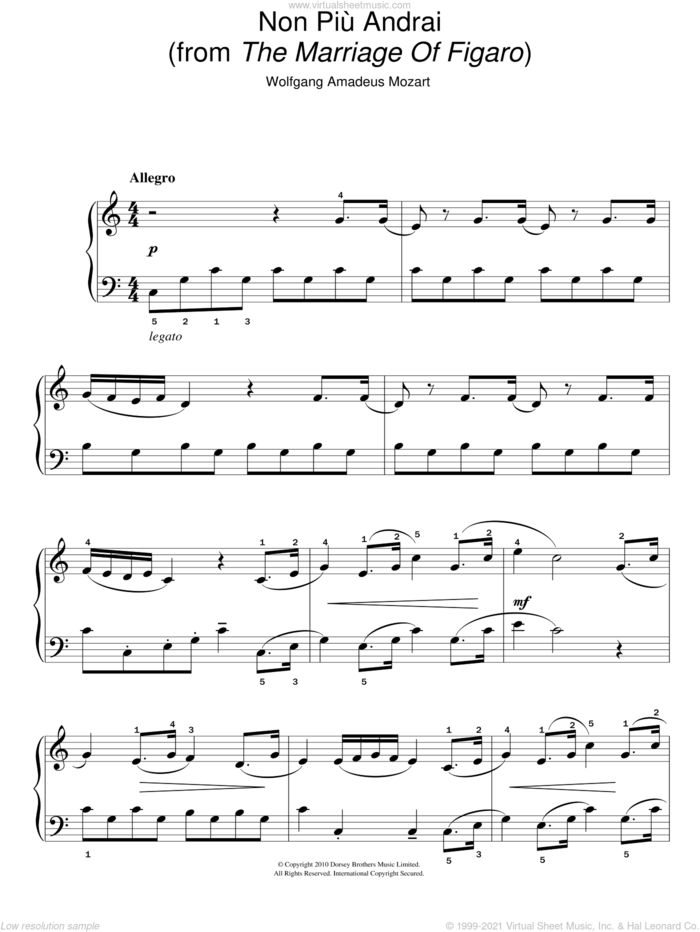 Non Piu Andrai (from The Marriage Of Figaro) sheet music for piano solo by Wolfgang Amadeus Mozart, classical score, easy skill level