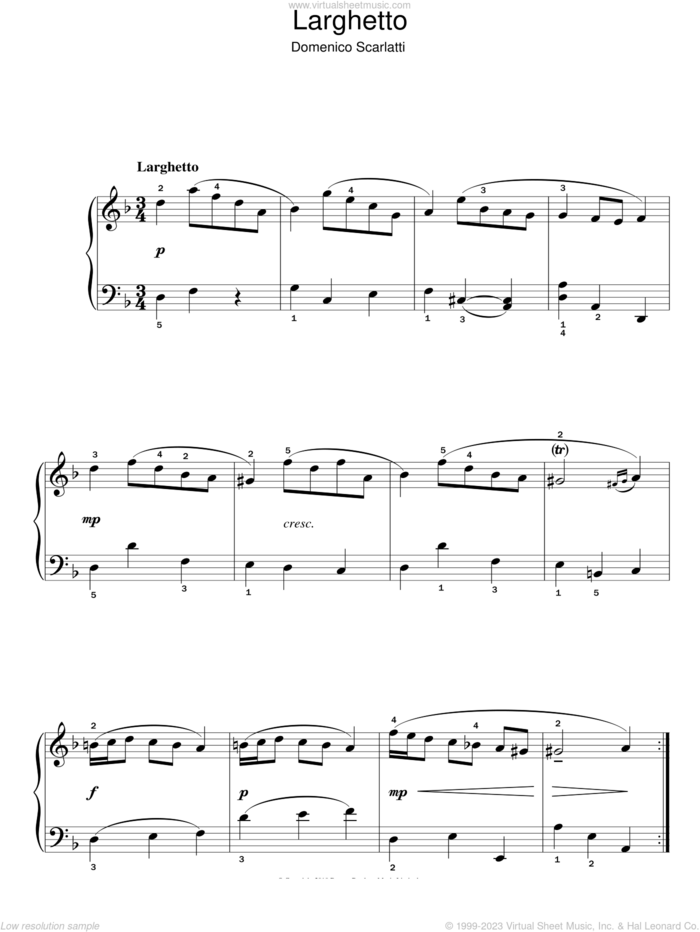 Larghetto sheet music for piano solo by Domenico Scarlatti, classical score, easy skill level