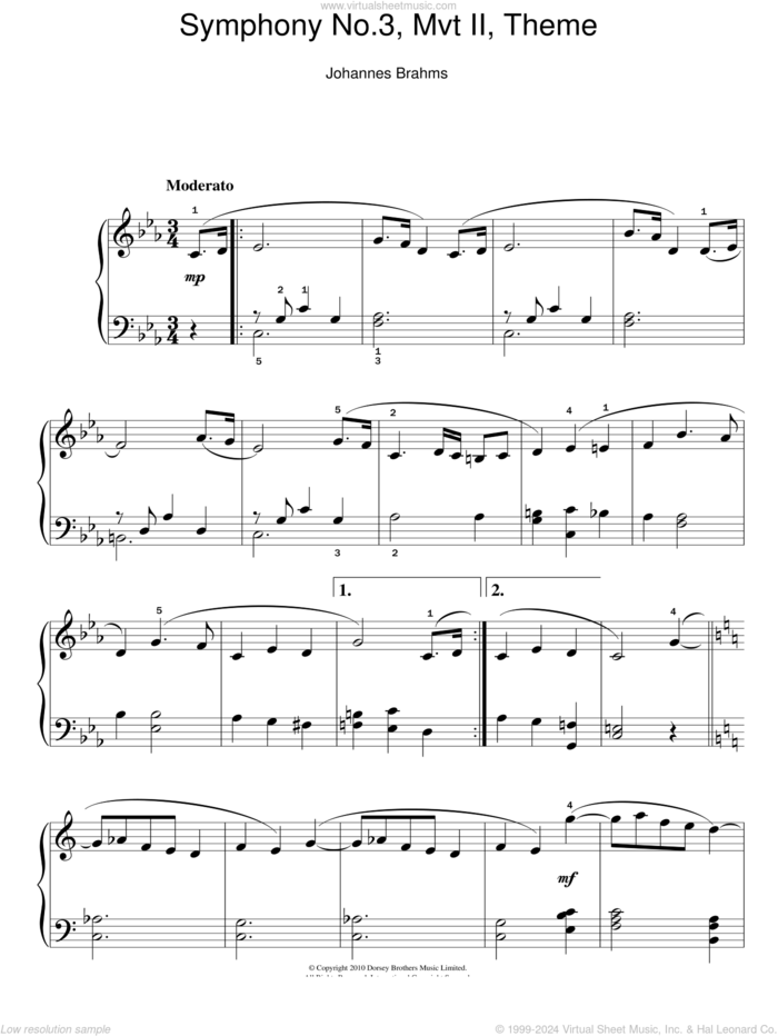Symphony No. 3, Andante, (easy) sheet music for piano solo by Johannes Brahms, classical score, easy skill level