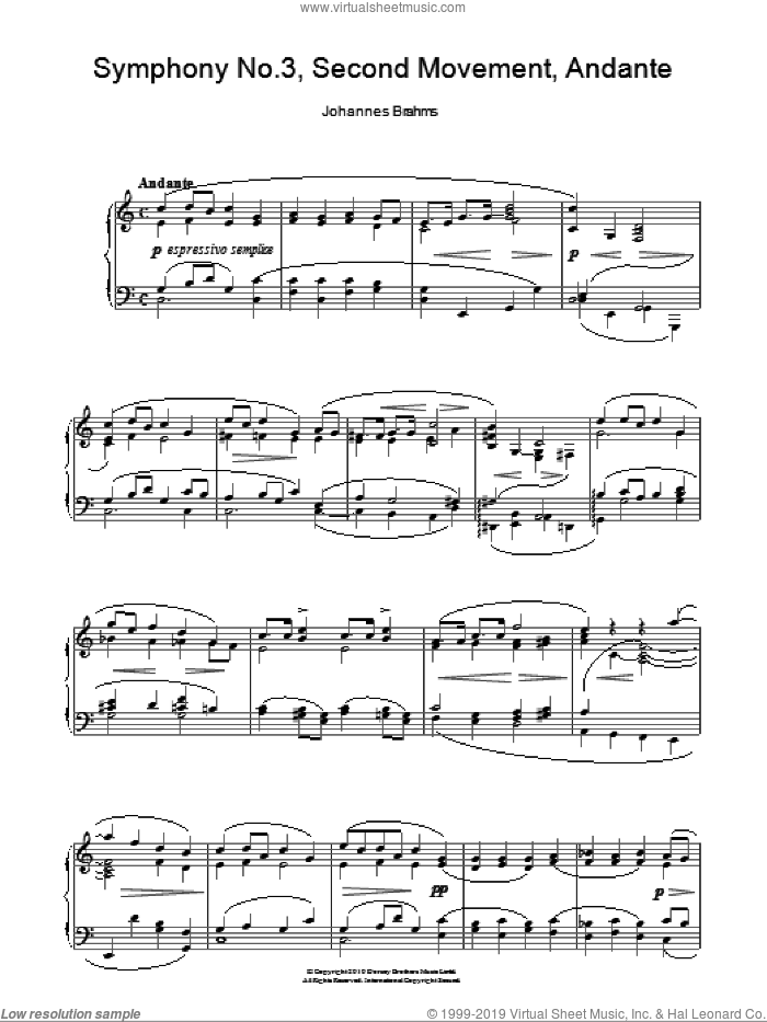 Symphony No. 3, Andante, (intermediate) sheet music for piano solo by Johannes Brahms, classical score, intermediate skill level