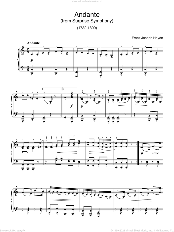 The Surprise Symphony (Symphony No. 94, Second Movement Theme) sheet music for piano solo by Franz Joseph Haydn, classical score, intermediate skill level