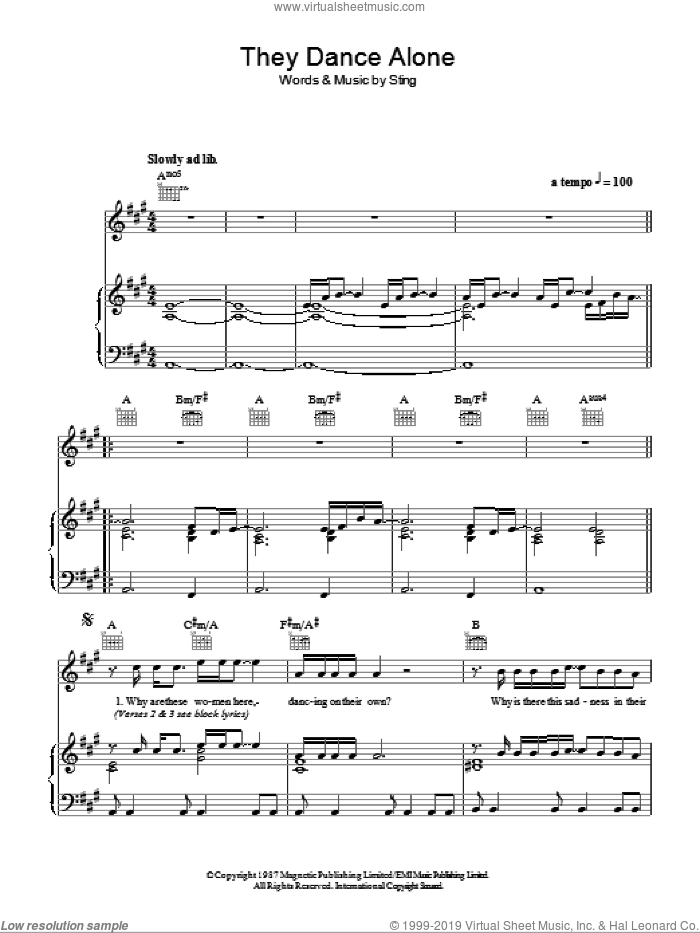 They Dance Alone (Gueca Solo) sheet music for voice, piano or guitar by Sting, intermediate skill level