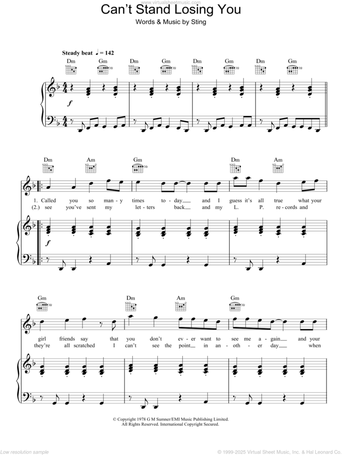 Can't Stand Losing You sheet music for voice, piano or guitar by The Police and Sting, intermediate skill level