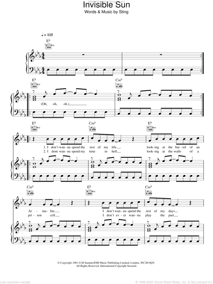 Invisible Sun sheet music for voice, piano or guitar by The Police and Sting, intermediate skill level