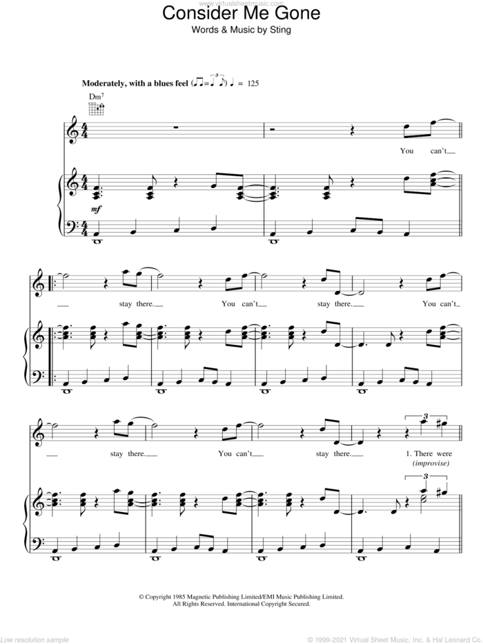 Consider Me Gone sheet music for voice, piano or guitar by Sting, intermediate skill level