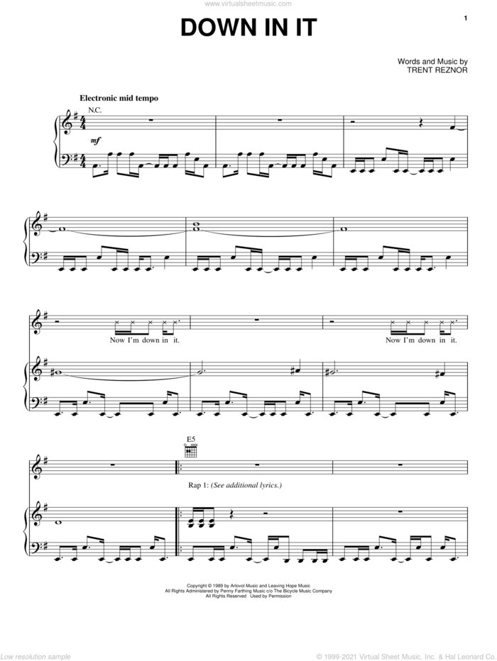 Down In It sheet music for voice, piano or guitar by Nine Inch Nails and Trent Reznor, intermediate skill level