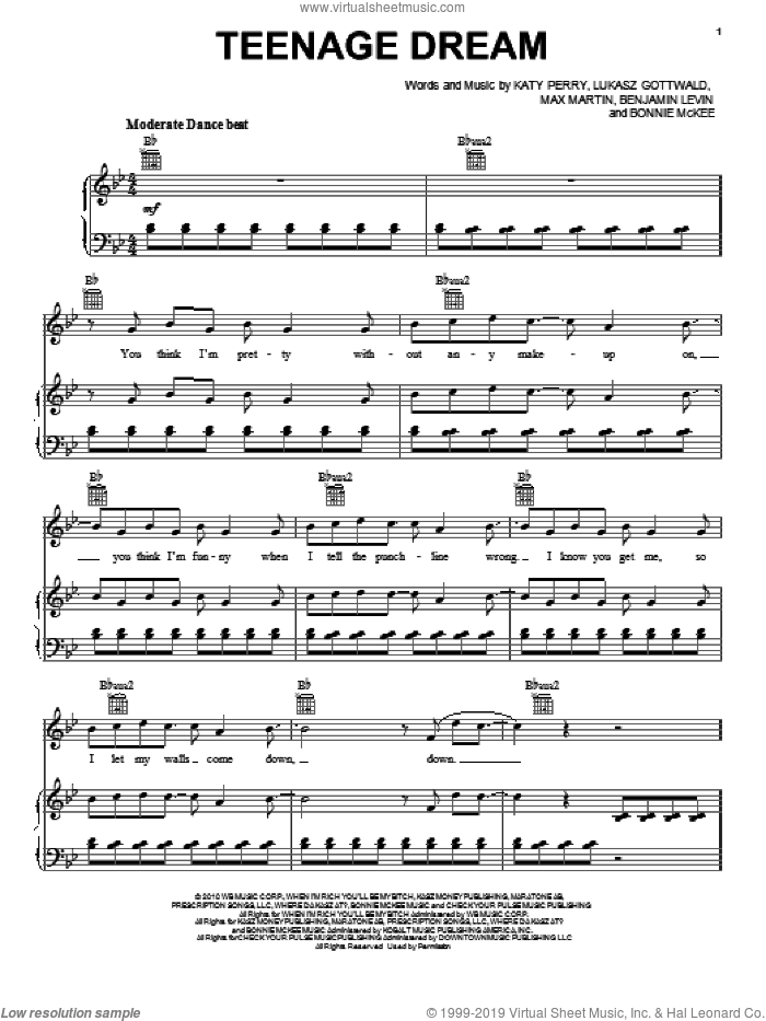 Teenage Dream sheet music for voice, piano or guitar by Katy Perry, Benjamin Levin, Bonnie McKee, Lukasz Gottwald and Max Martin, intermediate skill level