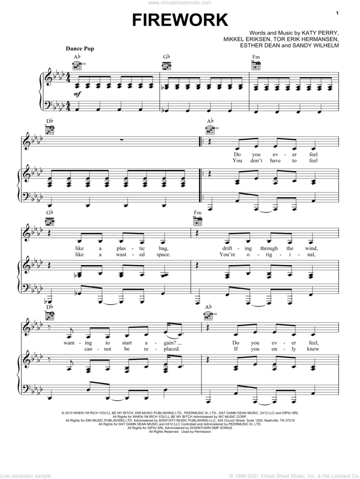 Firework sheet music for voice, piano or guitar by Katy Perry, Ester Dean, Mikkel Eriksen, Sandy Wilhelm and Tor Erik Hermansen, intermediate skill level