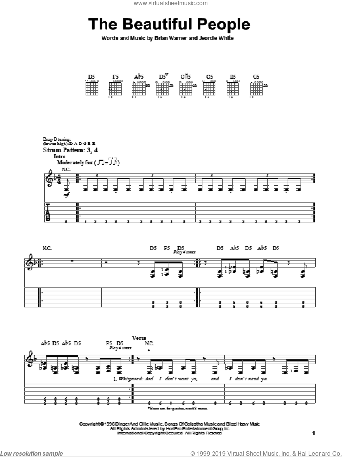 The Beautiful People sheet music for guitar solo (easy tablature) by Marilyn Manson, Brian Warner and Jeordie White, easy guitar (easy tablature)