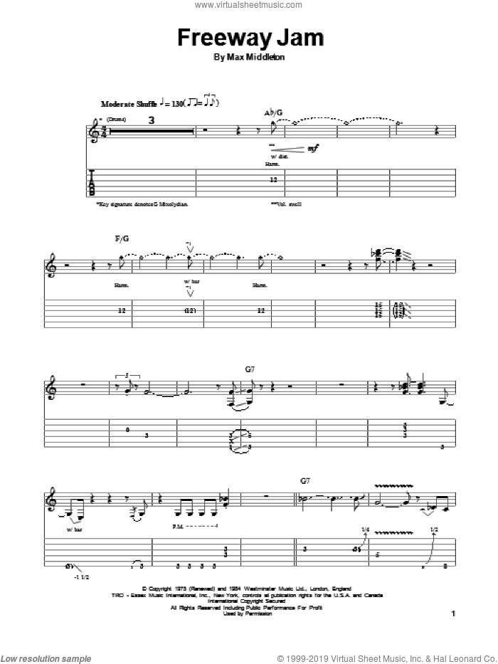 Freeway Jam sheet music for guitar (tablature, play-along) by Jeff Beck and Max Middleton, intermediate skill level
