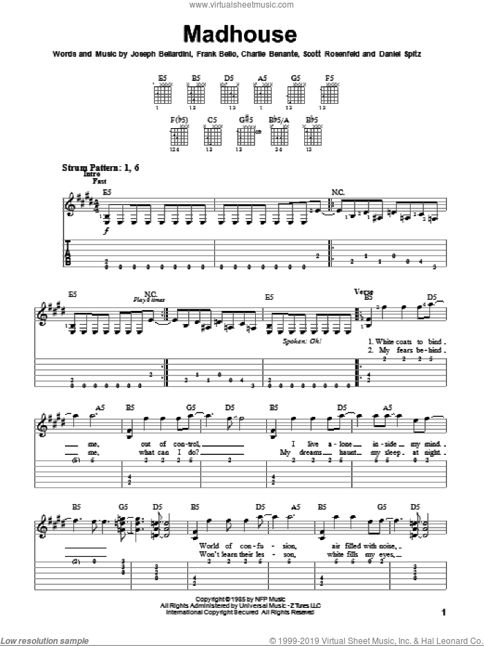 Madhouse sheet music for guitar solo (easy tablature) by Anthrax, Charlie Benante, Daniel Spitz, Frank Bello, Joseph Bellardini and Scott Rosenfeld, easy guitar (easy tablature)