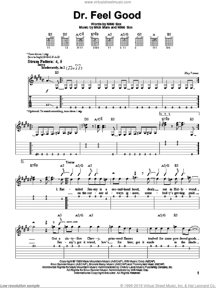 Dr. Feel Good sheet music for guitar solo (easy tablature) by Motley Crue, Mick Mars and Nikki Sixx, easy guitar (easy tablature)