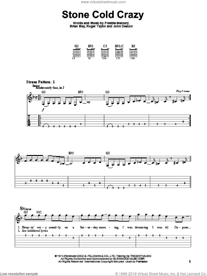 Stone Cold Crazy sheet music for guitar solo (easy tablature) by Queen, Metallica, Brian May, Freddie Mercury, John Deacon and Roger Taylor, easy guitar (easy tablature)