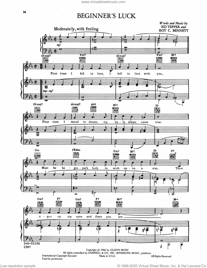 Beginner's Luck sheet music for voice, piano or guitar by Elvis Presley, Roy Bennett and Sid Tepper, intermediate skill level
