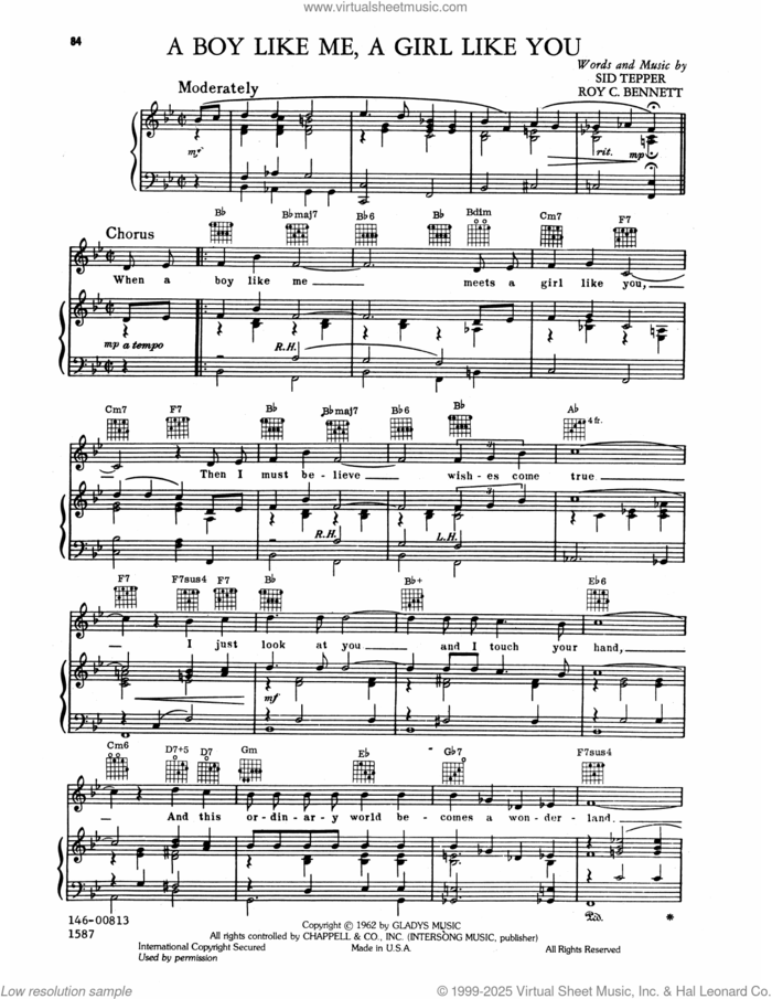 Boy Like Me, A Girl Like You sheet music for voice, piano or guitar by Elvis Presley, Roy Bennett and Sid Tepper, intermediate skill level