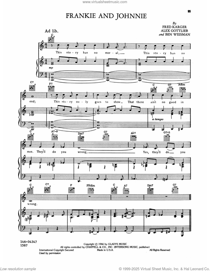Frankie And Johnny sheet music for voice, piano or guitar by Elvis Presley, Alex Gottlieb, Ben Weisman and Fred Karger, intermediate skill level