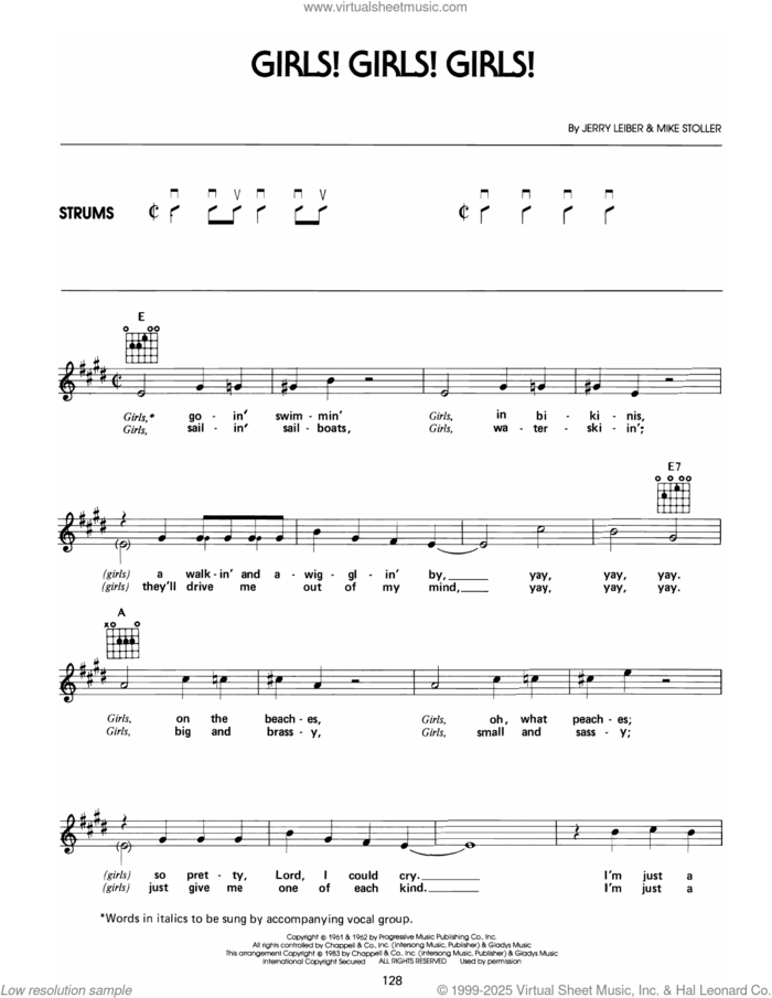 Girls! Girls! Girls! sheet music for guitar solo (chords) by Elvis Presley, Jerry Leiber and Mike Stoller, easy guitar (chords)