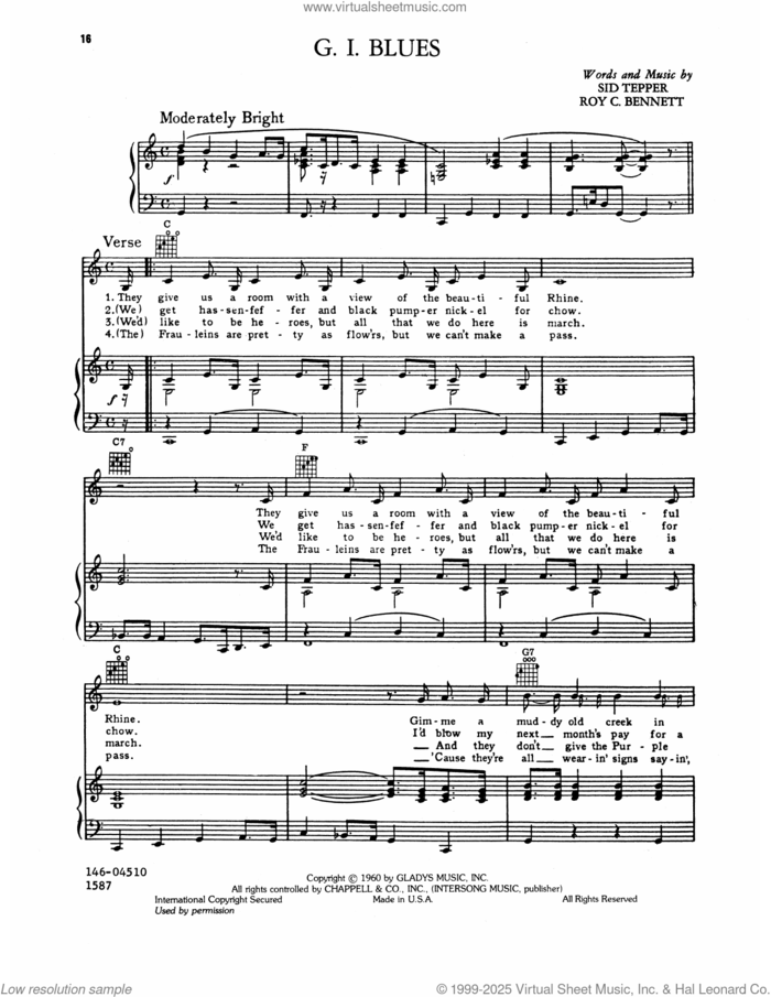 G.I. Blues sheet music for voice, piano or guitar by Elvis Presley, Roy Bennett and Sid Tepper, intermediate skill level