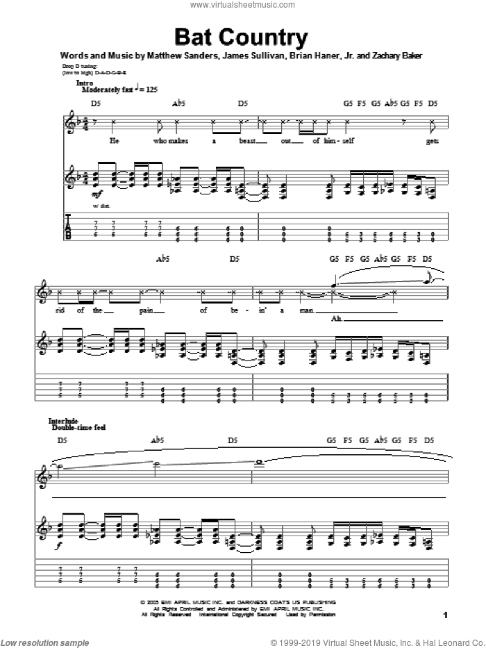 Bat Country sheet music for guitar (tablature, play-along) by Avenged Sevenfold, Brian Haner, Jr., James Sullivan, Matthew Sanders and Zachary Baker, intermediate skill level