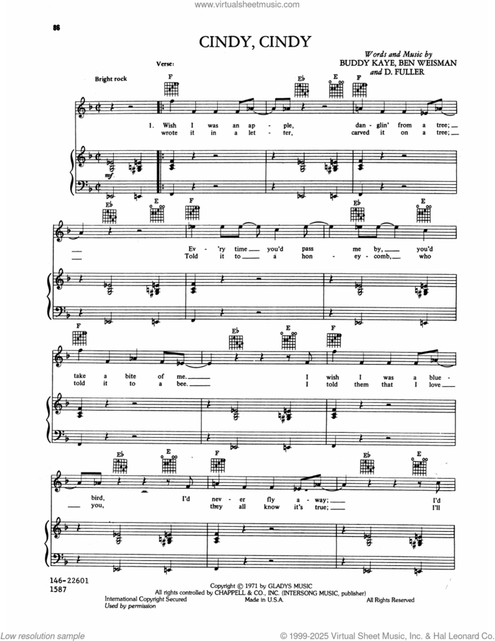 Cindy, Cindy sheet music for voice, piano or guitar by Elvis Presley, Ben Weisman, Buddy Kaye and D. Fuller, intermediate skill level