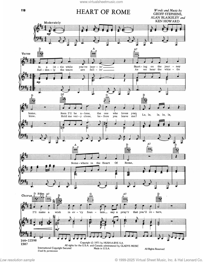 Heart Of Rome sheet music for voice, piano or guitar by Elvis Presley, Alan Blaikley, Geoff Stephens and Ken Howard, intermediate skill level