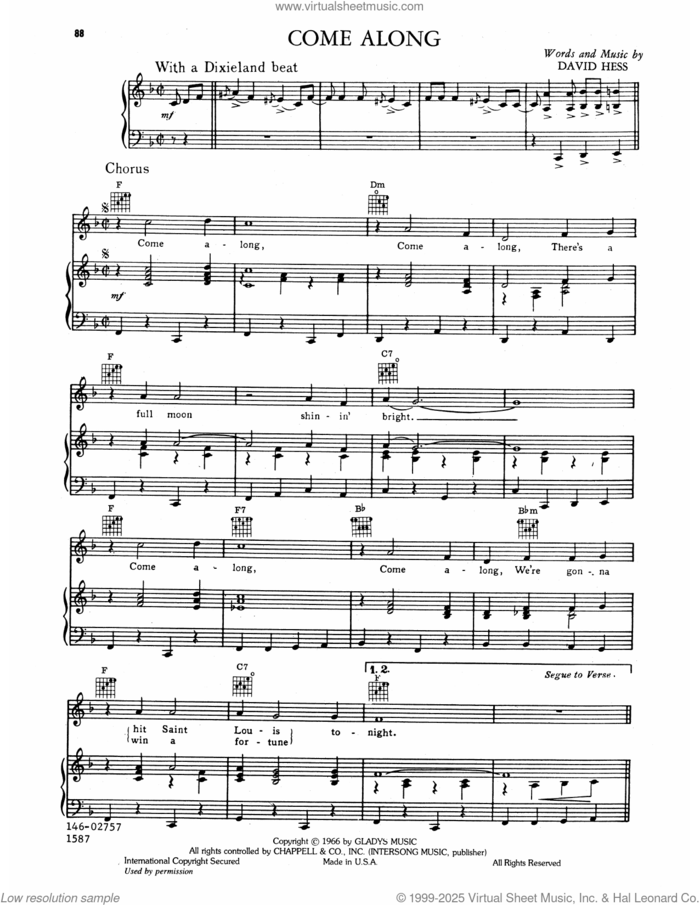 Come Along sheet music for voice, piano or guitar by Elvis Presley and David Hess, intermediate skill level