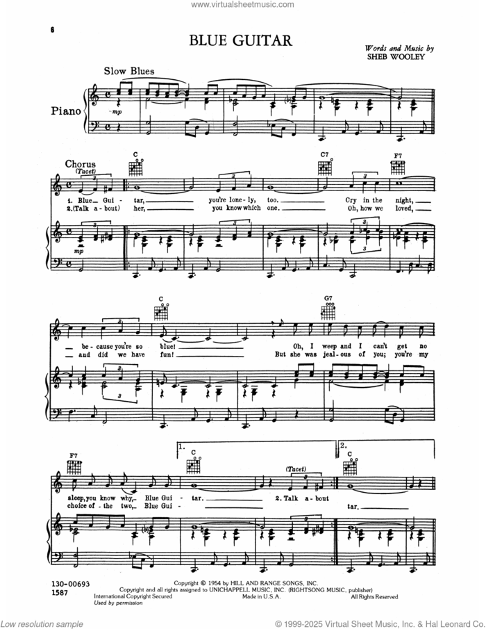 Blue Guitar sheet music for voice, piano or guitar by Elvis Presley, intermediate skill level