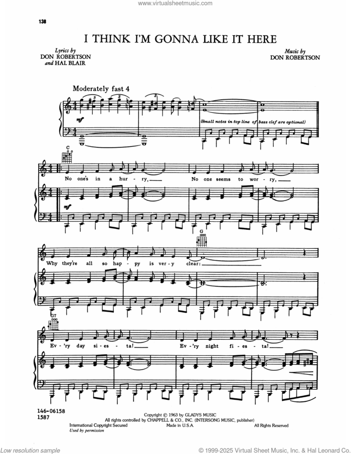 I Think I'm Gonna Like It Here sheet music for voice, piano or guitar by Elvis Presley, Don Robertson and Hal Blair, intermediate skill level