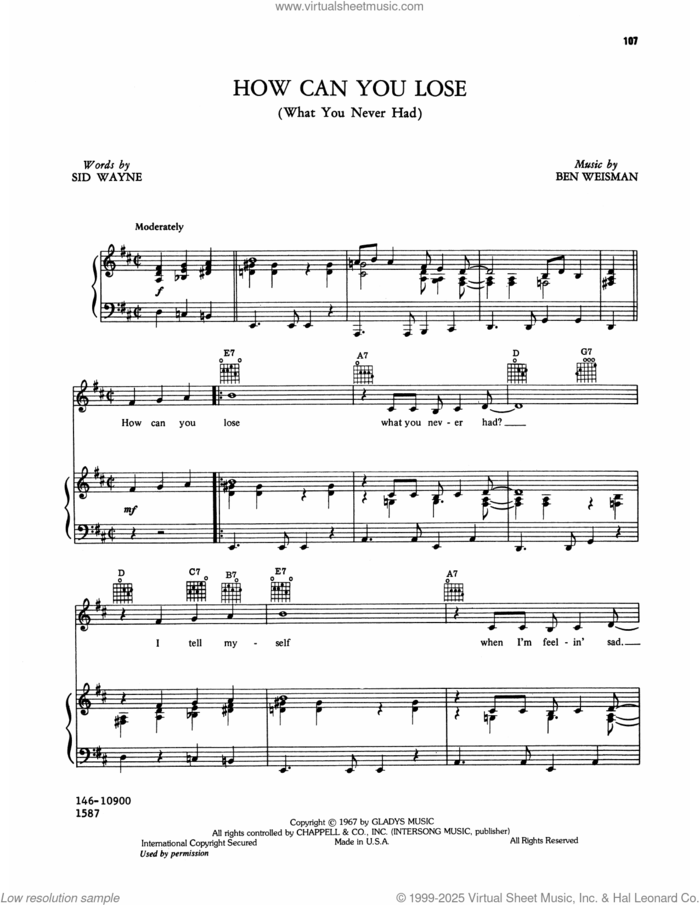 How Can You Lose sheet music for voice, piano or guitar by Elvis Presley, Ben Weisman and Sid Wayne, intermediate skill level
