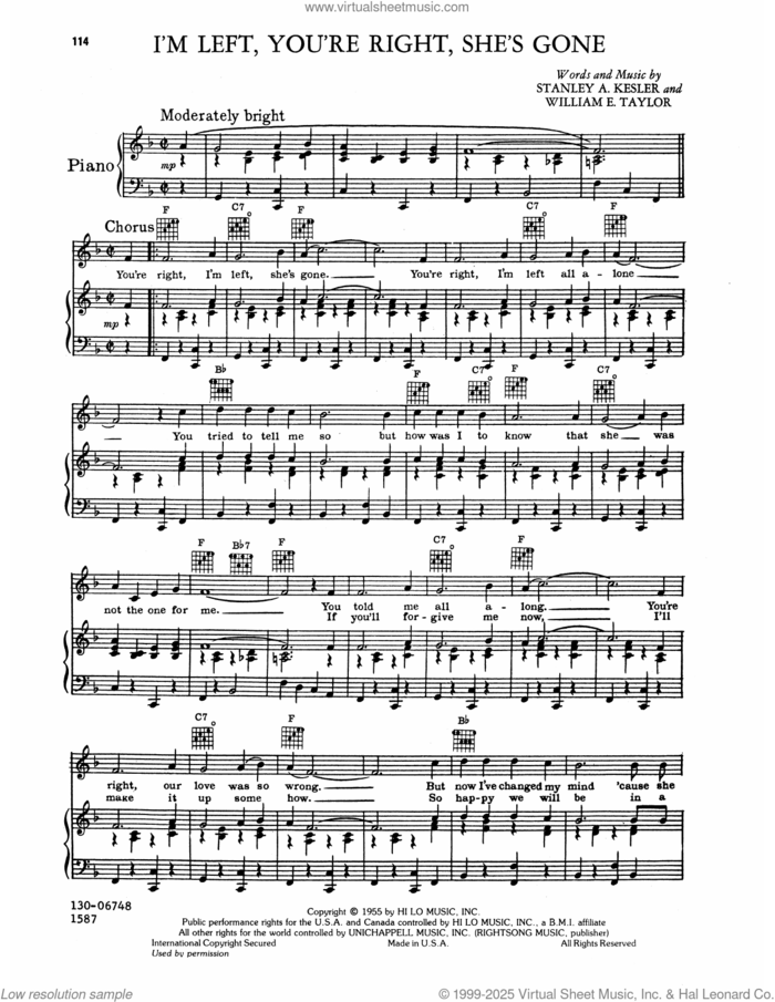 I'm Left, You're Right, She's Gone sheet music for voice, piano or guitar by Elvis Presley, Stanley A. Kesler and William E. Taylor, intermediate skill level