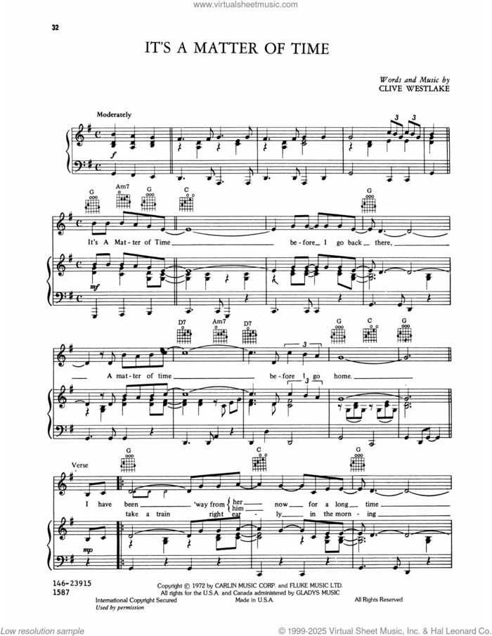 It's A Matter Of Time sheet music for voice, piano or guitar by Elvis Presley and Clive Westlake, intermediate skill level