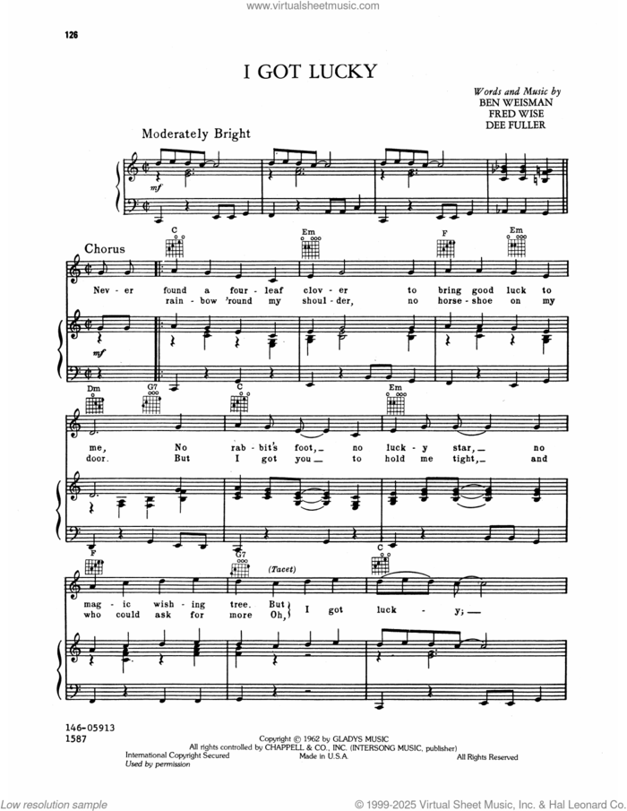 I Got Lucky sheet music for voice, piano or guitar by Elvis Presley, Ben Weisman, Dolores Fuller and Fred Wise, intermediate skill level
