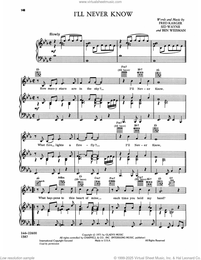 I'll Never Know sheet music for voice, piano or guitar by Elvis Presley, Ben Weisman, Fred Karger and Sid Wayne, intermediate skill level