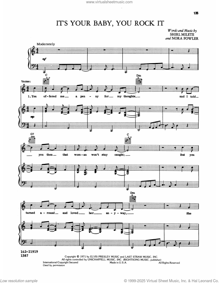 It's Your Baby You Rock It sheet music for voice, piano or guitar by Elvis Presley, Nora Fowler and Shirl Milete, intermediate skill level