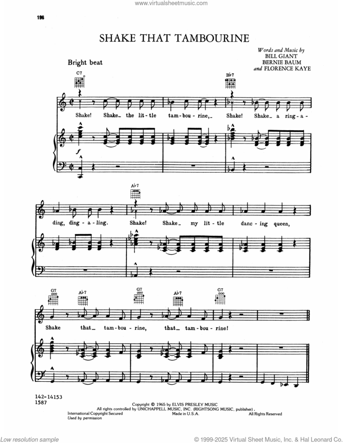 Shake That Tamborine sheet music for voice, piano or guitar by Elvis Presley, Bernie Baum, Bill Giant and Florence Kaye, intermediate skill level