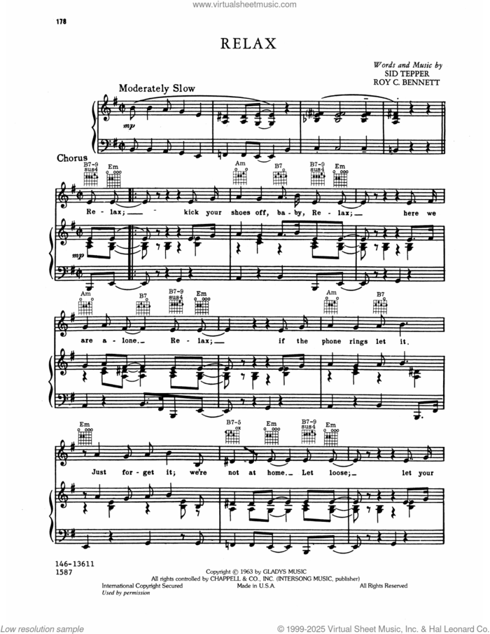 Relax sheet music for voice, piano or guitar by Elvis Presley, Roy Bennett and Sid Tepper, intermediate skill level