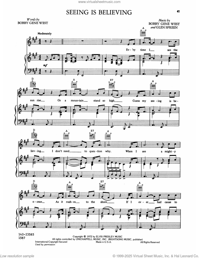 Seeing Is Believing sheet music for voice, piano or guitar by Elvis Presley, Bobby Gene West and Glen Spreen, intermediate skill level