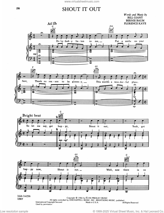 Shout It Out sheet music for voice, piano or guitar by Elvis Presley, Bernie Baum, Bill Giant and Florence Kaye, intermediate skill level
