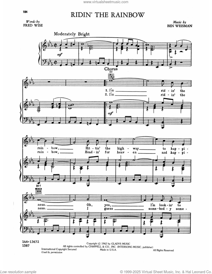 Ridin' The Rainbow sheet music for voice, piano or guitar by Elvis Presley, Ben Weisman and Fred Wise, intermediate skill level