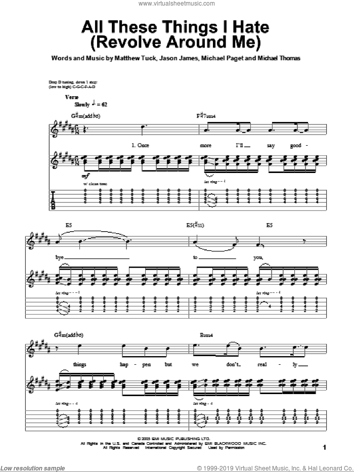 All These Things I Hate (Revolve Around Me) sheet music for guitar (tablature, play-along) by Bullet For My Valentine, Jason James, Matthew Tuck, Michael Paget and Michael Thomas, intermediate skill level