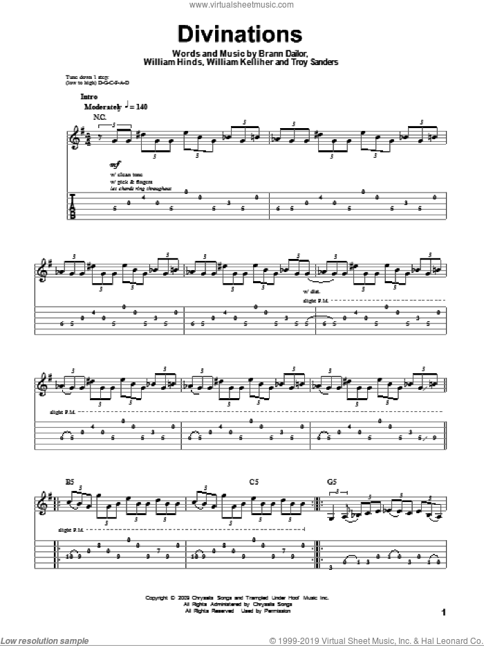 Divinations sheet music for guitar (tablature, play-along) by Mastodon, Brann Dailor, Troy Sanders, William Hinds and William Kelliher, intermediate skill level